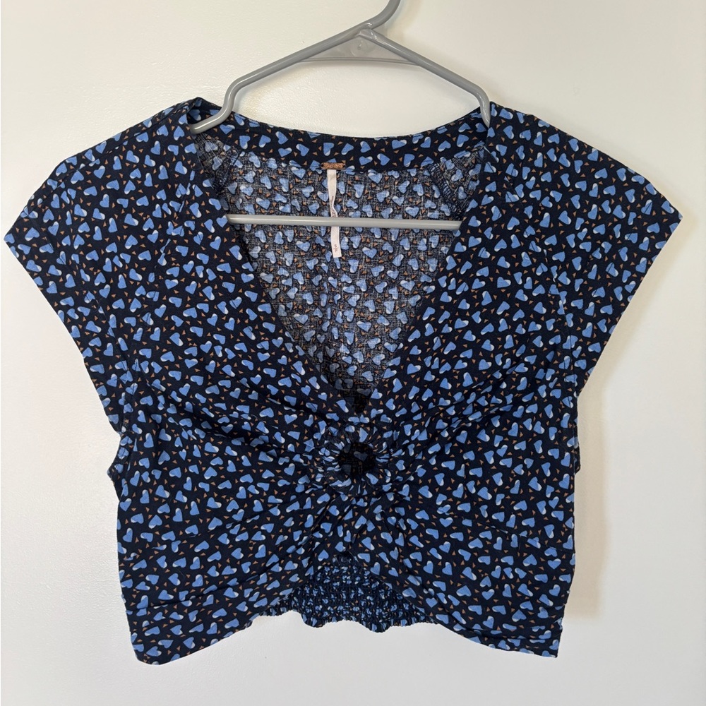 Navy Hearts Free People O-Ring Ruched Linen Crop Top